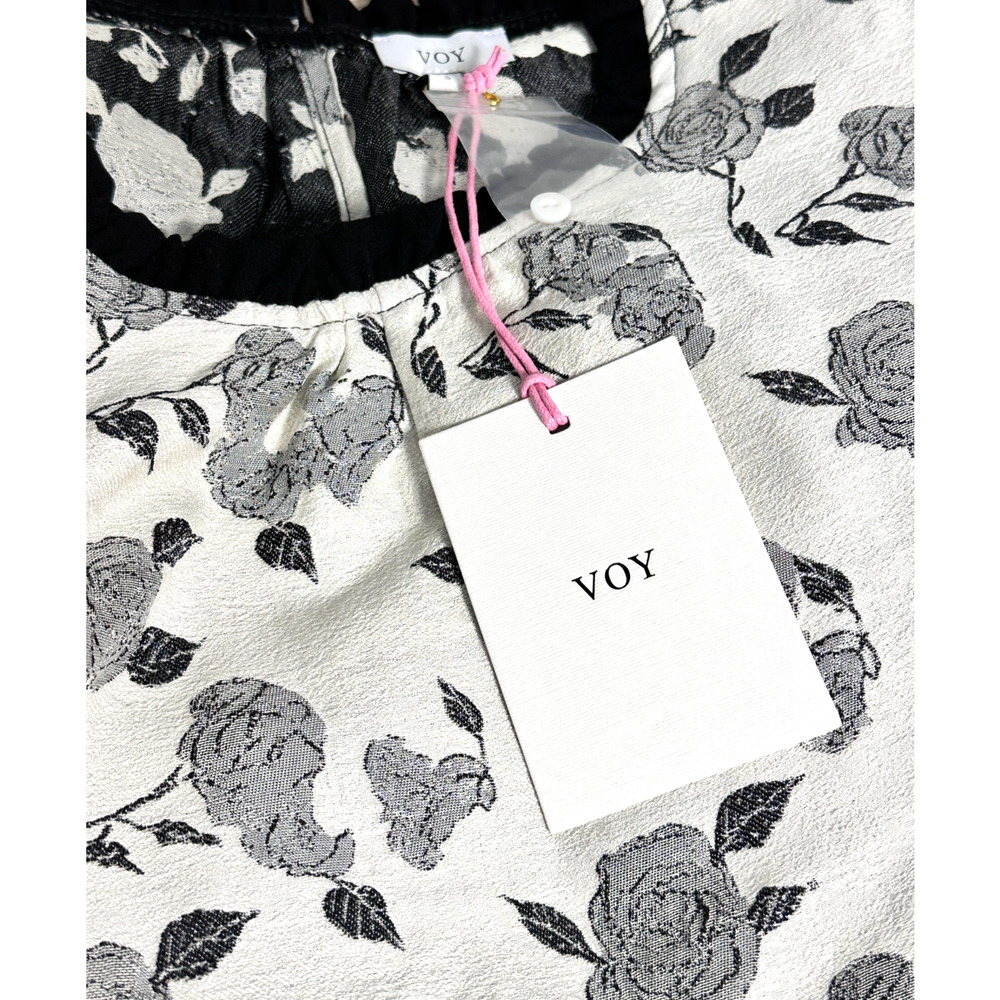 Voy NWT Black White Jacquard Rose Print Puff Sleeve Blouse Small Romantic - Picture 8 of 9